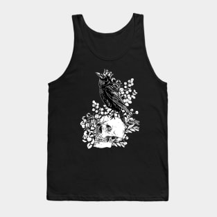 Black raven with skull and crow, skeleton eucaliptus leaves, black and white Tank Top